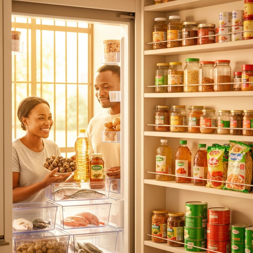 Family stocking Umes Agro Venture foods into refrigerator and pantry